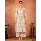 Off White Green Hand Block Printed Cotton Kurta with Pants - Set of 2