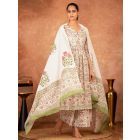 Off White Green Hand Block Printed Cotton Suit - Set of 3