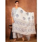 Off White Blue Hand Block Printed Cotton Suit - Set of 3