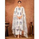 Off White Blue Hand Block Printed Cotton Suit - Set of 3
