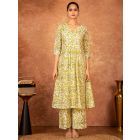 Off White Yellow Hand Block Printed Cotton Kurta with Pants - Set of 2