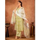 Off White Yellow Hand Block Printed Cotton Suit - Set of 3