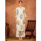 Off White Blue Hand Block Printed Cotton Kurta with Pants - Set of 2