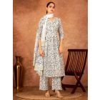 Off White Blue Hand Block Printed Cotton Suit - Set of 3