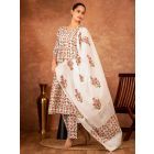 Off White Red Hand Block Printed Cotton Suit - Set of 3