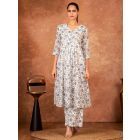 Off White Blue Hand Block Printed Cotton Kurta with Pants - Set of 2
