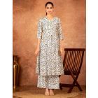 Off White Blue Hand Block Printed Cotton Kurta with Pants - Set of 2
