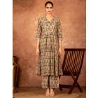Green Pink Hand Block Printed Cotton Kurta with Pants - Set of 2