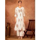 Off White Pink Hand Block Printed Cotton Kurta with Pants - Set of 2