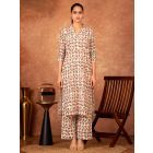 Off White Red Hand Block Printed Cotton Kurta with Pants - Set of 2