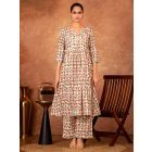 Off White Red Hand Block Printed Cotton Kurta with Pants - Set of 2