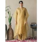 Mustard Yellow Hand Embroidered Organza Kurta with Slip and Pants - Set of 2