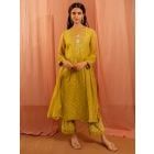 Lime Yellow Hand Embroidered Kota Doria Kurta with Slip and Pants - Set of 2
