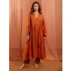 Rust Kota Doria Kurta with Slip and Pants - Set of 2