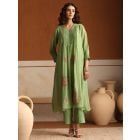 Green Embroidered Chanderi Mul Kurta with Pants- Set of 2