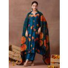 Teal Blue Printed Bemberg Muslin Suit- Set of 3