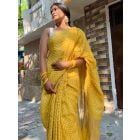 Yellow Hand Block Printed Linen Saree