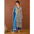 Blue Green Hand Block Printed Cotton Mulmul Suit- Set of 3