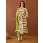 Green Pink Hand Block Printed Cotton Mulmul Suit- Set of 3
