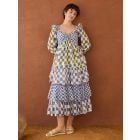 Blue Green Hand Block Printed Cotton Mulmul Dress