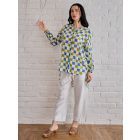 Blue Green Hand Block Printed Cotton Mulmul Shirt