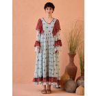 Mint Green Maroon Hand Block Printed Chiffon Dress