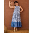 Blue White Hand Block Printed Cotton Mulmul Dress