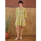 Yellow Green Hand Block Printed Cotton Mulmul Dress