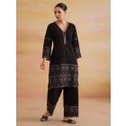 Black Embroidered Cambric Cotton Kurta with Pants- Set of 2