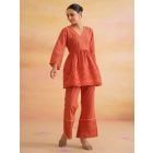 Orange Embroidered Cambric Cotton Co-ord Set- Set of 2