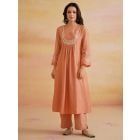 Peach Embroidered Chanderi Kurta with Pants- Set of 2