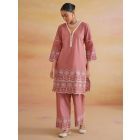 Pink Embroidered Cambric Cotton Kurta with Pants- Set of 2