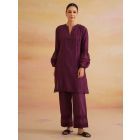 Wine Lace Work Chanderi Kurta with Pants- Set of 2