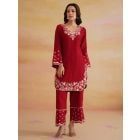 Maroon Embroidered Chanderi Kurta with Pants- Set of 2