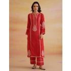 Red Embroidered Chanderi Kurta with Pants- Set of 2