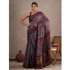 Maroon Blue Hand Block Printed Modal Tissue Saree