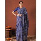 Blue Hand Block Printed Chanderi Silk Saree