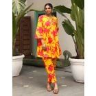 Yellow Printed Cotton Kurta with Pants- Set of 2