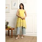 Yellow Embroidered Cotton Slub Kurta with Pants- Set of 2