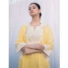Lemon Yellow Aari Embroidered Matka Cotton Tunic with Pants - Set of 2
