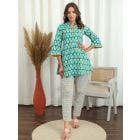 Sky Blue Yellow Hand Block Printed Cotton Co-ord Set- Set of 2