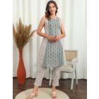 Green White Hand Block Printed Cotton Kurta with Pants- Set of 2