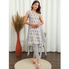 Green  White Hand Block Printed Cotton Kurta with Pants- Set of 2