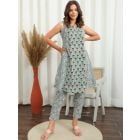 Green Hand Block Printed Cotton Kurta with Pants- Set of 2