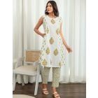 White Green Hand Block Printed Cotton Kurta with Pants- Set of 2