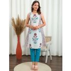White Blue Hand Block Printed Cotton Kurta with Pants- Set of 2