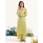 Lime Green Aari Embroidered Tissue Kurta with Pants - Set of 2