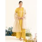 Mustard Yellow Sequins Work Tissue Kurta with Pants - Set of 2