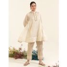White Golden Striped Chanderi Aari Embroidered Tunic with Slip and Pants - Set of 2