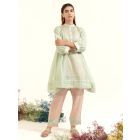 Mint Green Striped Chanderi Aari Embroidered Tunic with Slip and Pants - Set of 2